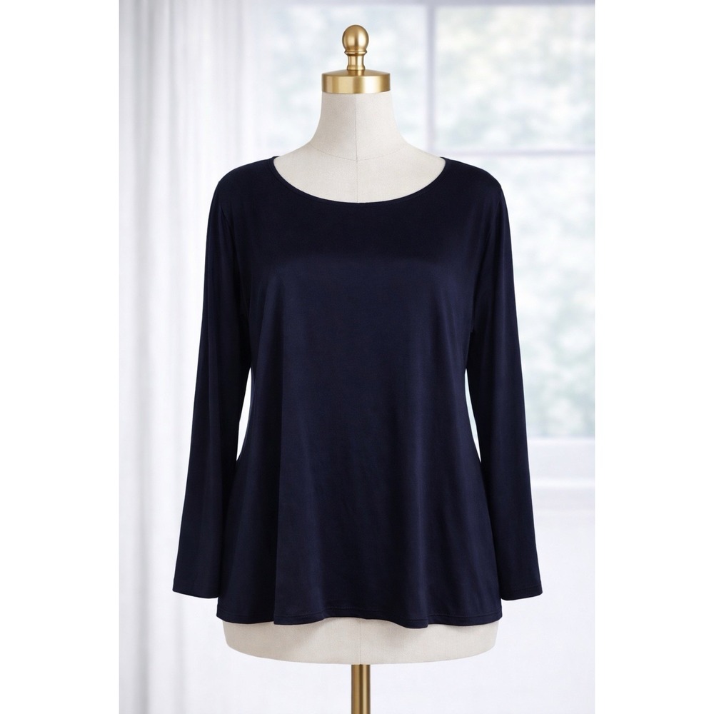 J. Jill Pullover Blouse Top Satin Shinny Front Knit Back Stretch Navy Blue Small